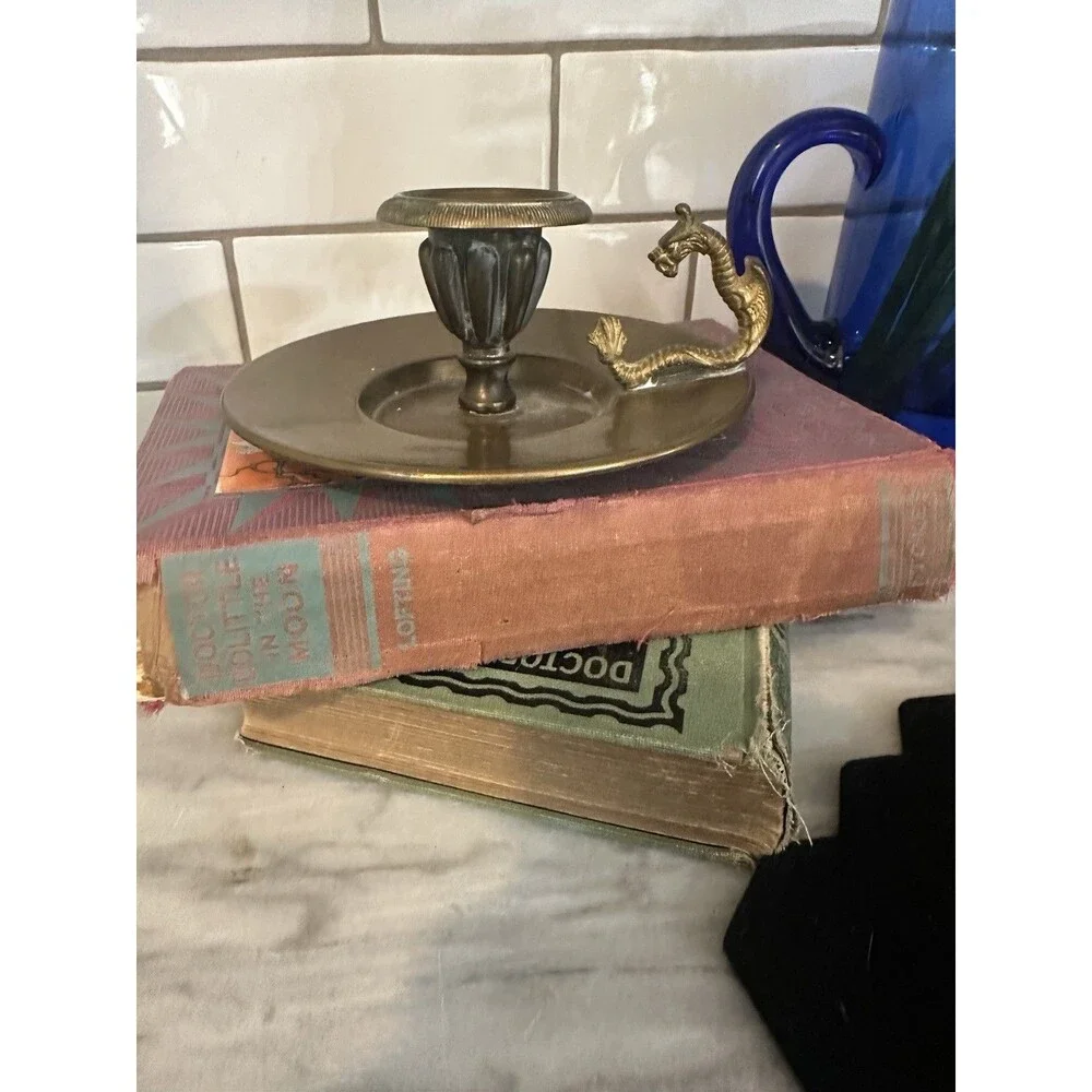 Vintage Brass Dragon Handle Candlestick Candle Holder Chamberstick